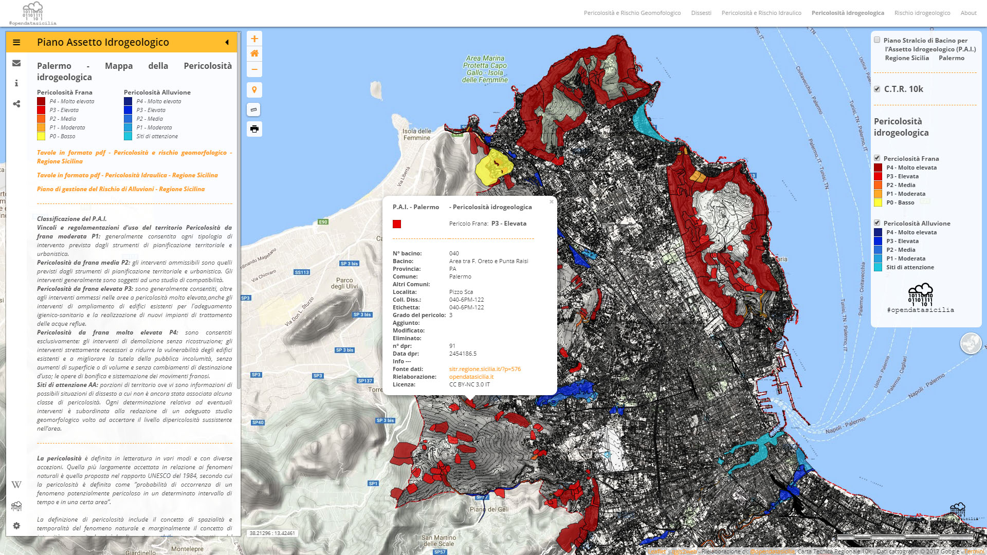 Palermo, Piano per l’Assetto Idrogeologico (P.A.I.) mappa delle pericolosità e rischio geomorfologico, realizzata con Qgis e Leaflet
