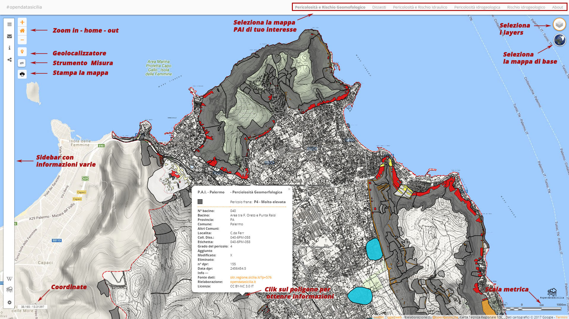 Palermo, Piano per l’Assetto Idrogeologico (P.A.I.) mappa delle pericolosità e rischio geomorfologico, realizzata con Qgis e Leaflet